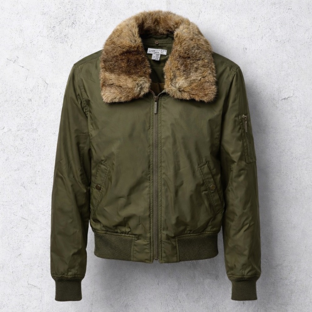 Vince Olive Green Bomber Jacket with Genuine Rabbit Fur Collar Size Small